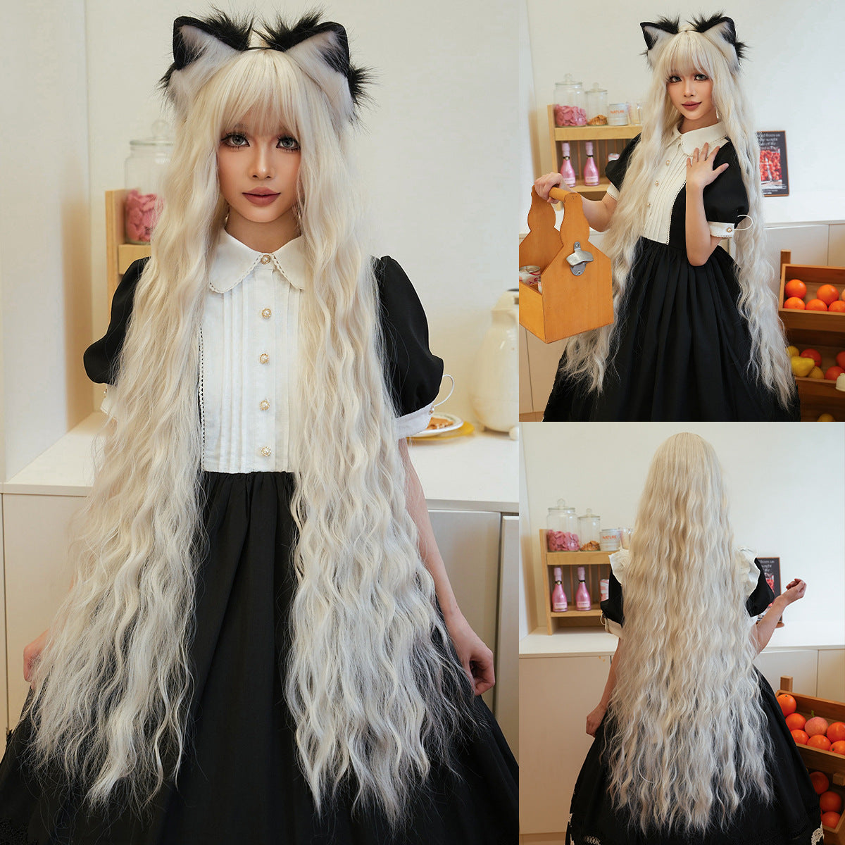 Extra Long Golden Fringe Curly Wigs for Role-playing and Lolita Style, Natural and Silky Synthetic Wigs for Girls