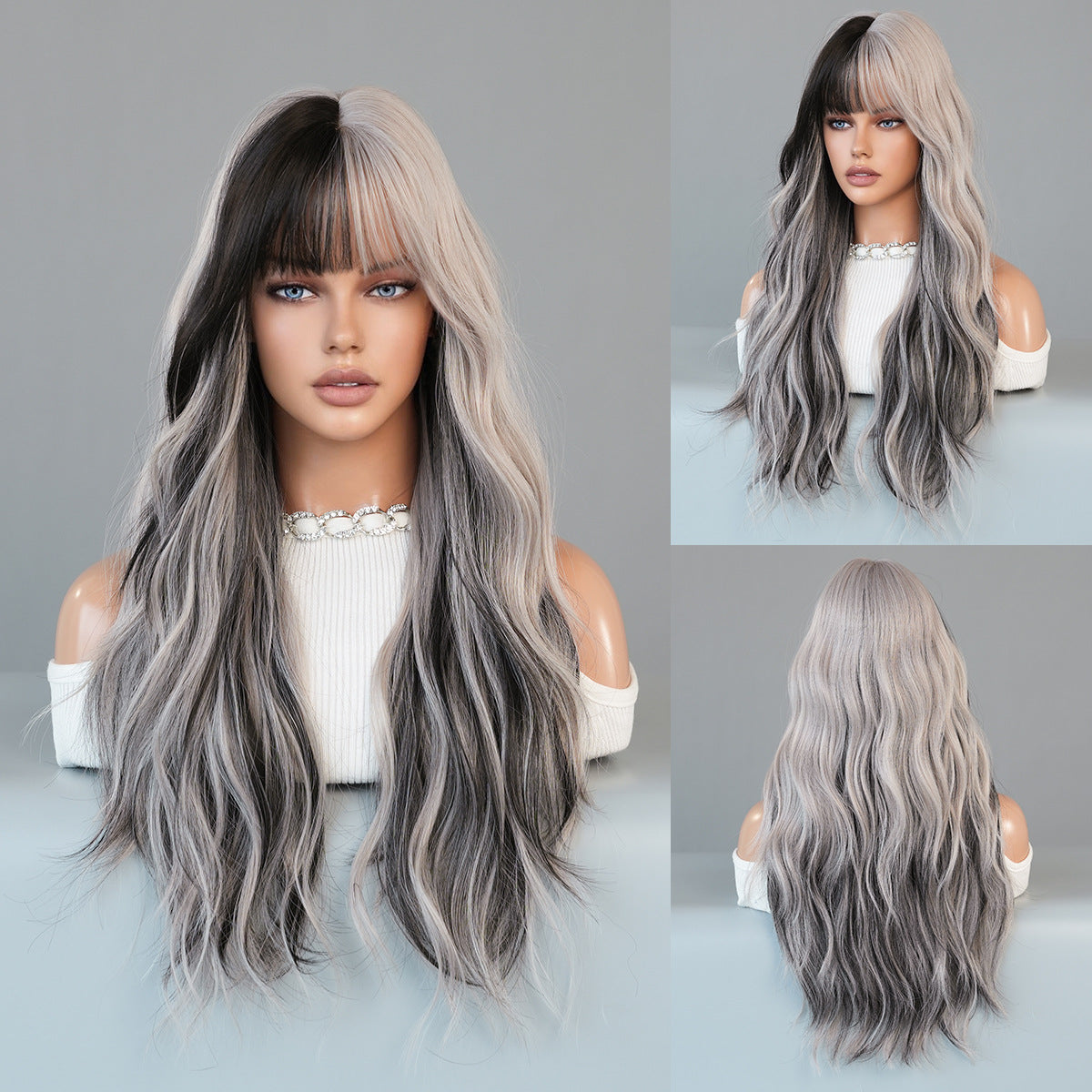 Long Wavy Silver Grey Black Highlight Wig 27in Natural Heat Resistant Fiber Synthetic Curly Light Grey Black Ombre Wigs with Bangs for Women Girls Daily Party Chrismas Travel Used