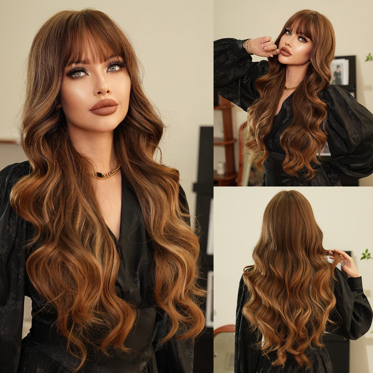 30 Inch Golden Ombre Long Curly Wavy Wigs with Bangs for Women, Synthetic Fiber Wavy Wigs for Daily Party Use