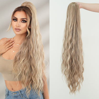 Long Curly Ponytail Wigs with Drawstring Net and Elastic Mesh, Fluffy Water Wave Ponytail Hair Extension for Women