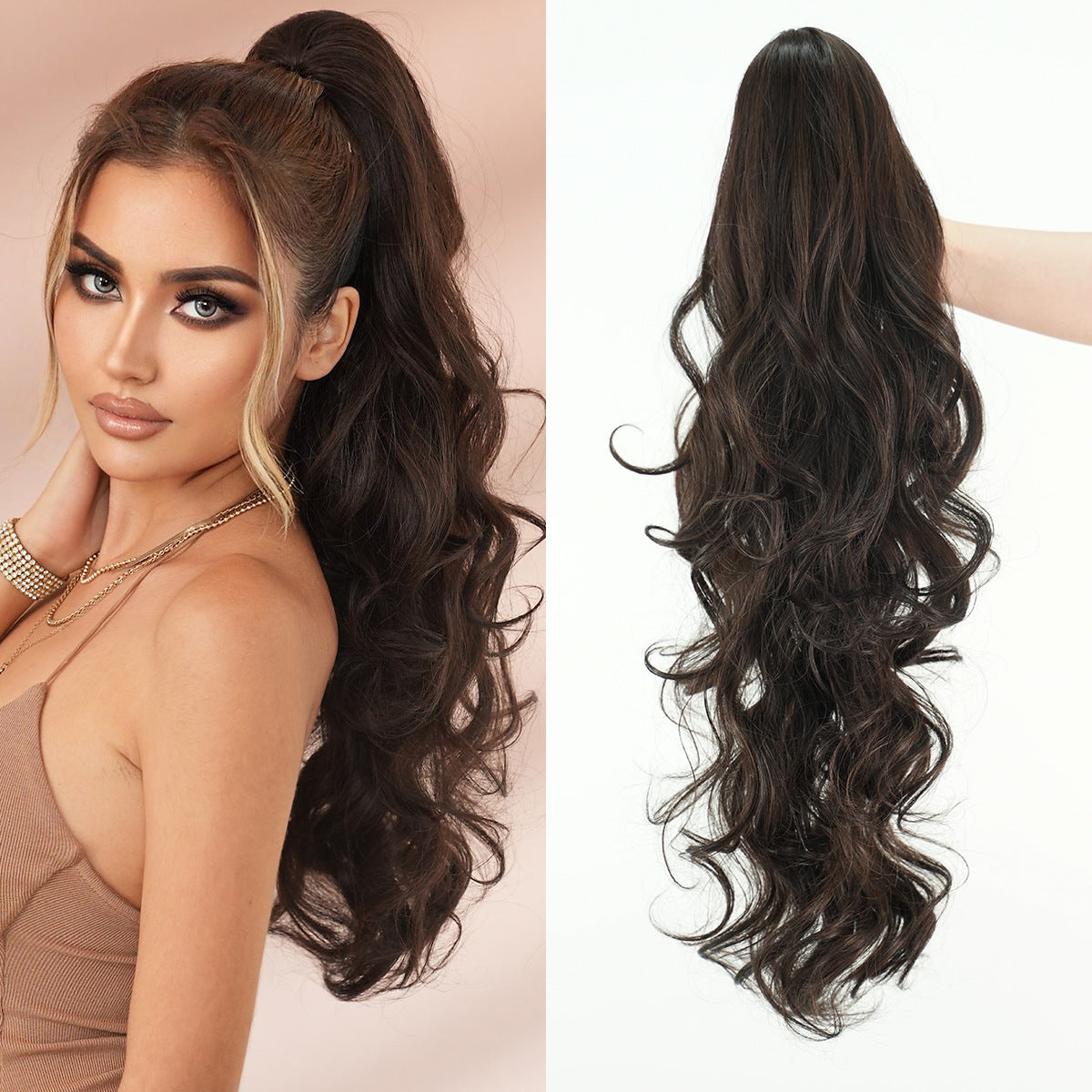 Black Brown Synthetic Fiber Long Curly Wavy Ponytail Wig with Clip, High Temperature Resistant Clip-on Ponytail for Women