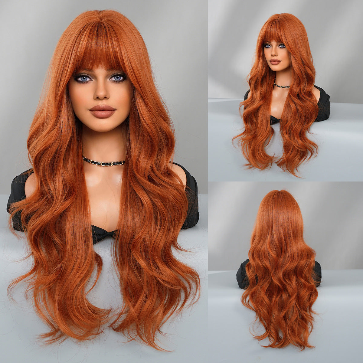 Orange Wigs for Women, Synthetic Long Curly Wavy Wigs with Blunt Bangs, Big Loose Curls Rose Net Fiber Wig for Daily Party Use