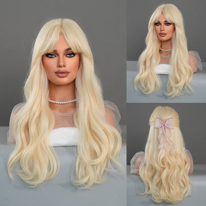 Golden Barbie Cosplay Wigs for Women, Long Curly Wavy Wigs with Side-Swept Bangs, Synthetic Fiber Cosplay Wig