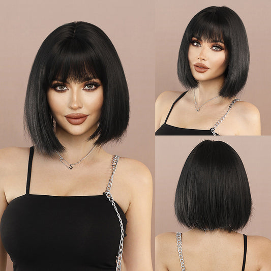 Women's Black Bob Wig with Bangs Short Straight Hair Wig Synthetic Fiber Wig for Daily and Fashionable Looks