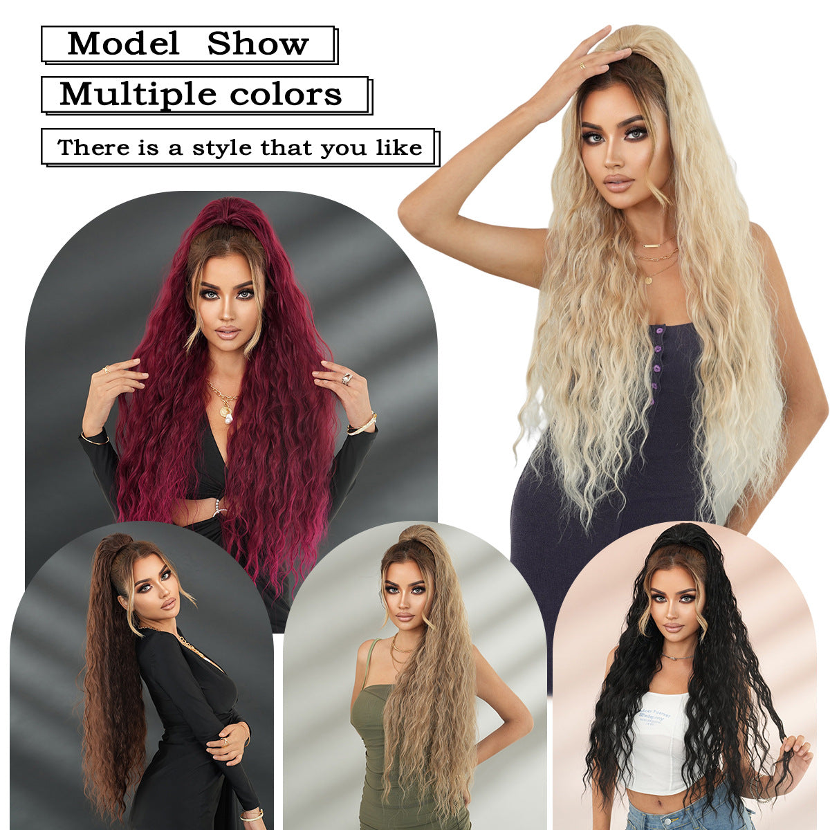 Long Curly Ponytail Wigs with Drawstring Net and Elastic Mesh, Fluffy Water Wave Ponytail Hair Extension for Women