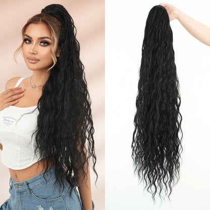 Long Curly Ponytail Wigs with Drawstring Net and Elastic Mesh, Fluffy Water Wave Ponytail Hair Extension for Women