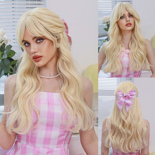 Golden Barbie Cosplay Wigs for Women, Long Curly Wavy Wigs with Side-Swept Bangs, Synthetic Fiber Cosplay Wig