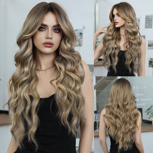 Bronze Gold Wigs for Women, Fashionable Long Curly Wavy Wigs with Side-Swept Bangs, Synthetic Fiber Wig for Daily Party Use