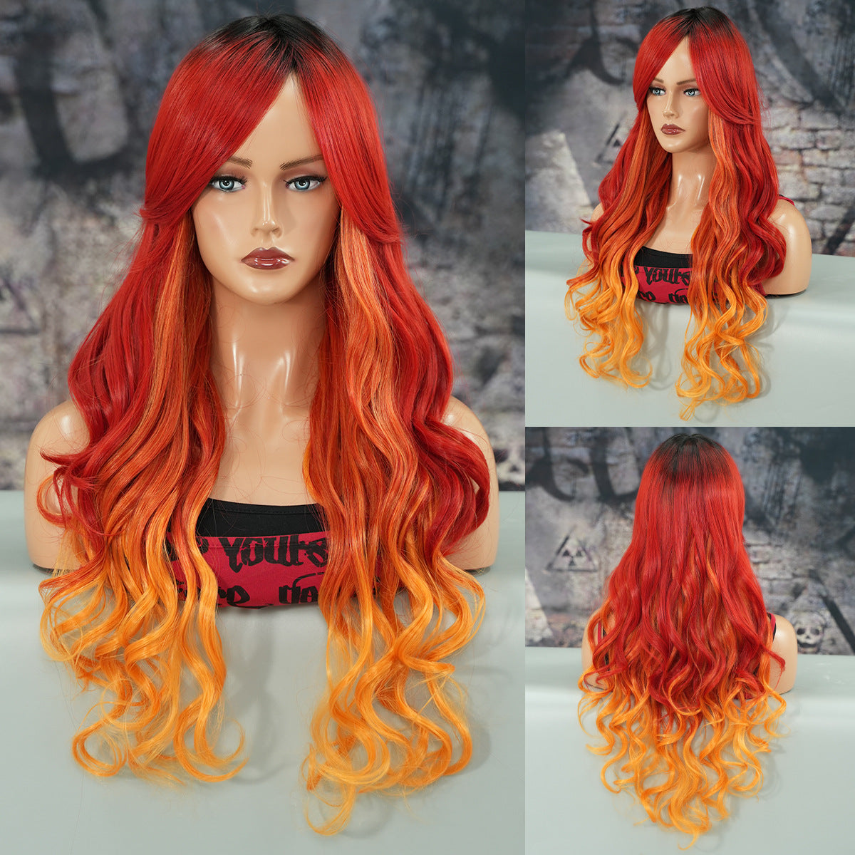 Golden Barbie Cosplay Wigs for Women, Long Curly Wavy Wigs with Side-Swept Bangs, Synthetic Fiber Cosplay Wig