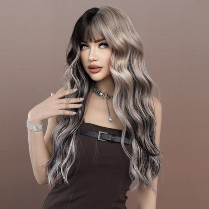 Long Wavy Silver Grey Black Highlight Wig 27in Natural Heat Resistant Fiber Synthetic Curly Light Grey Black Ombre Wigs with Bangs for Women Girls Daily Party Chrismas Travel Used