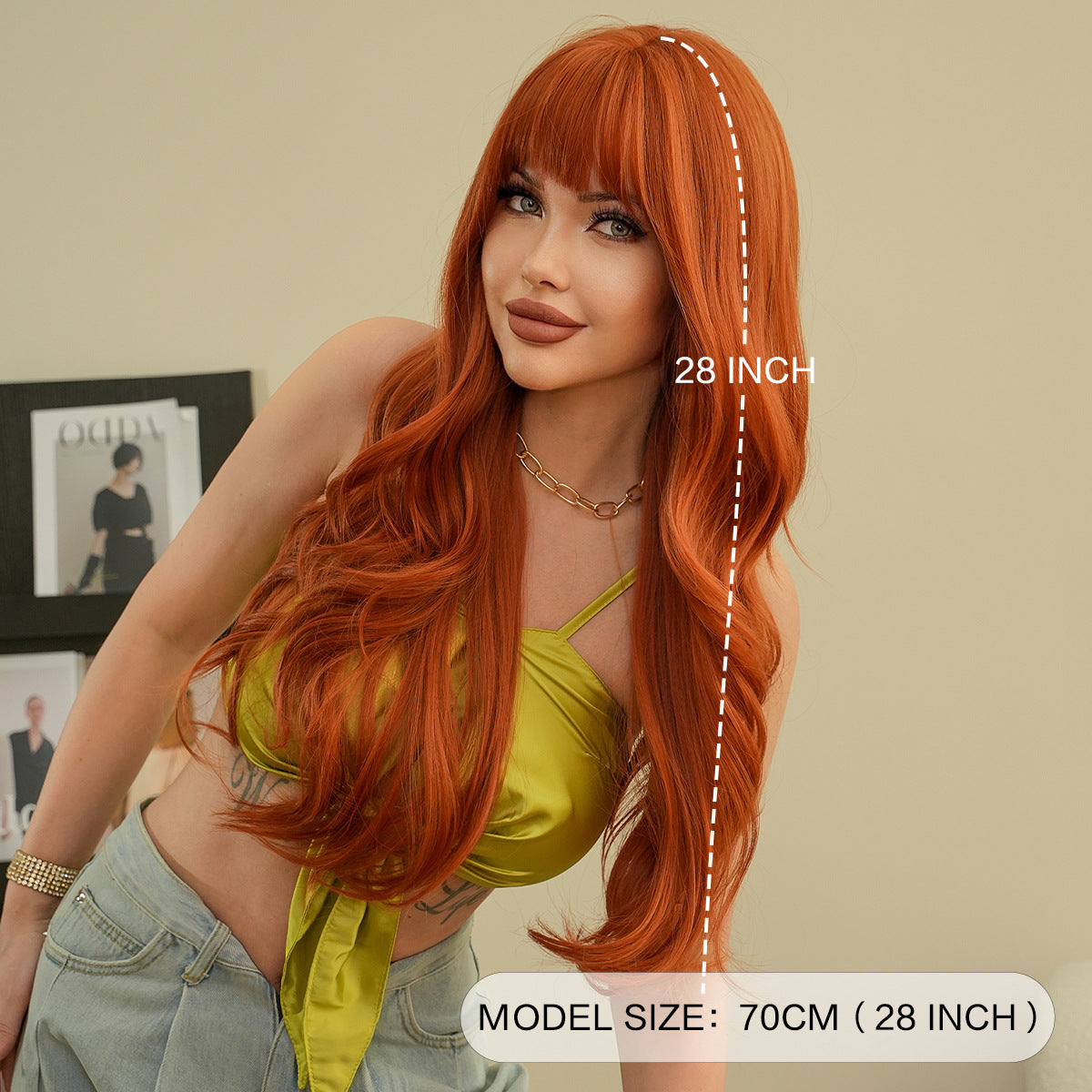 Orange Wigs for Women, Synthetic Long Curly Wavy Wigs with Blunt Bangs, Big Loose Curls Rose Net Fiber Wig for Daily Party Use