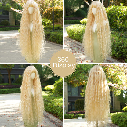 Extra Long Golden Fringe Curly Wigs for Role-playing and Lolita Style, Natural and Silky Synthetic Wigs for Girls