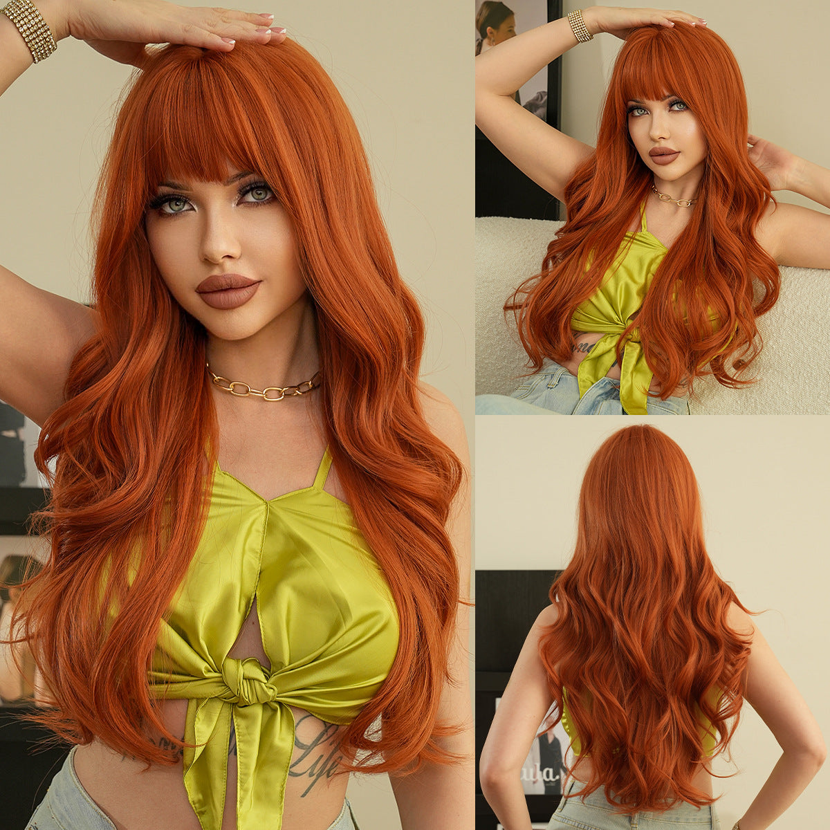 Orange Wigs for Women, Synthetic Long Curly Wavy Wigs with Blunt Bangs, Big Loose Curls Rose Net Fiber Wig for Daily Party Use