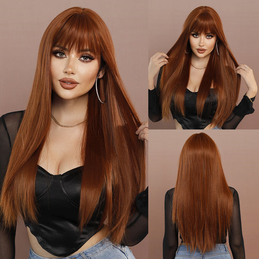 28 Inch Ginger Wigs for Women, Synthetic Long Straight Wigs with Caramel Brown Bangs, Full Wig for Daily Party Use