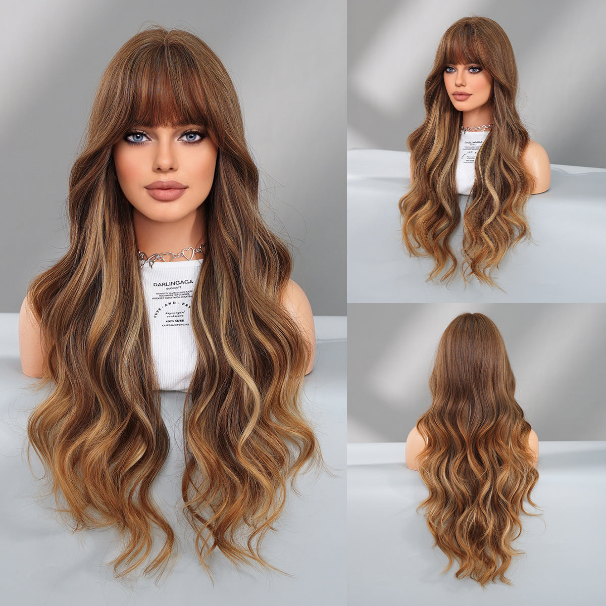 30 Inch Golden Ombre Long Curly Wavy Wigs with Bangs for Women, Synthetic Fiber Wavy Wigs for Daily Party Use