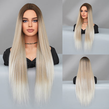 32 Inch Blonde Wig Women's Super Long Middle Part Straight Full Wig Natural Golden Ombre Synthetic Fiber Wig for Daily Wear and Fashion Statements