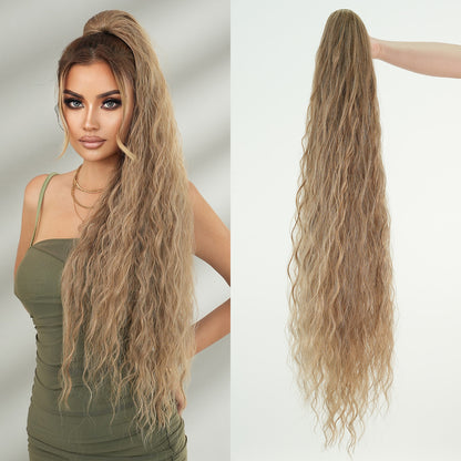 Long Curly Ponytail Wigs with Drawstring Net and Elastic Mesh, Fluffy Water Wave Ponytail Hair Extension for Women