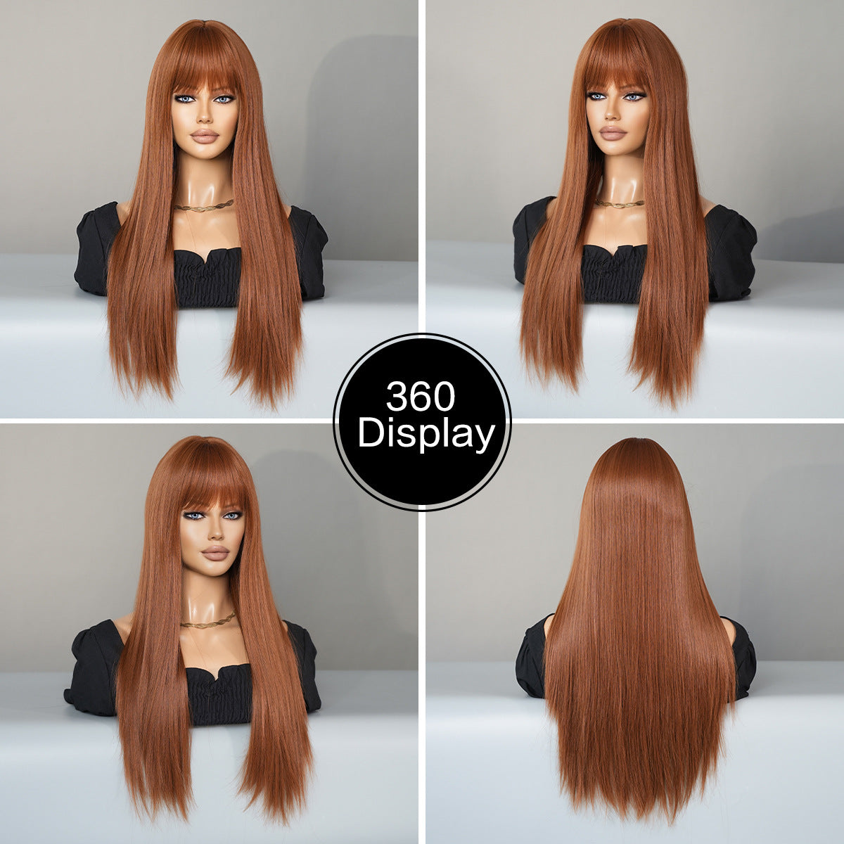 28 Inch Ginger Wigs for Women, Synthetic Long Straight Wigs with Caramel Brown Bangs, Full Wig for Daily Party Use