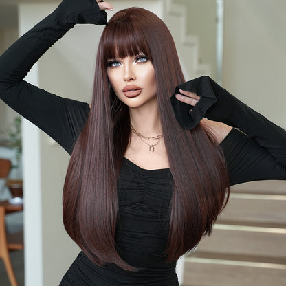 28 Inch Long Straight Mocha Brown Wigs with Blunt Bangs and Inner Curls Layered Full Wig for Women, Synthetic Hair Wig for Daily Party Use