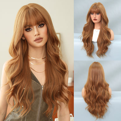 Orange Wigs for Women, Synthetic Long Curly Wavy Wigs with Blunt Bangs, Big Loose Curls Rose Net Fiber Wig for Daily Party Use