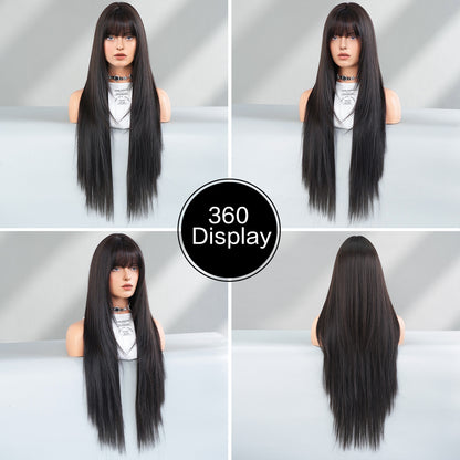 34 Inch Long Wigs with Bangs Black Wigs for Women Solid Black Highlight Wig Synthetic Straight Heat Resistant Wigs for Daily and Fashion Use