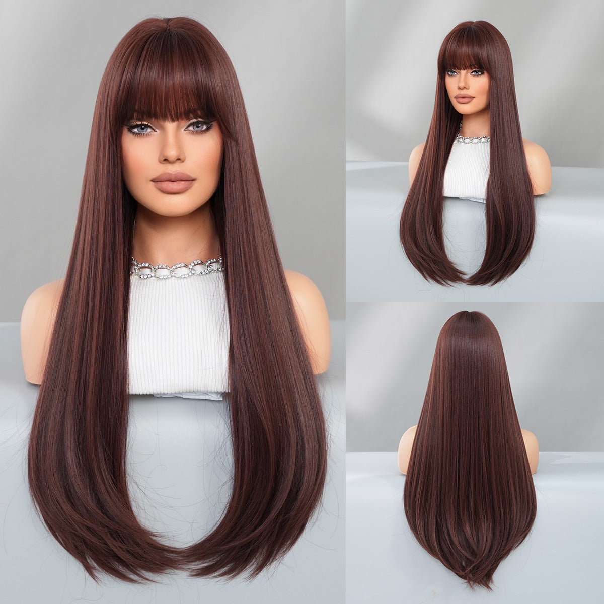 28 Inch Long Straight Mocha Brown Wigs with Blunt Bangs and Inner Curls Layered Full Wig for Women, Synthetic Hair Wig for Daily Party Use