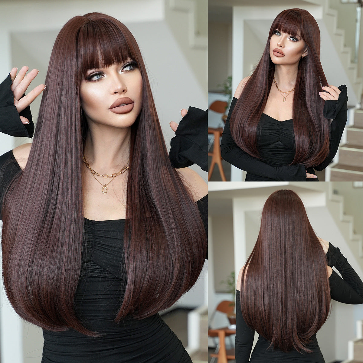 28 Inch Long Straight Mocha Brown Wigs with Blunt Bangs and Inner Curls Layered Full Wig for Women, Synthetic Hair Wig for Daily Party Use