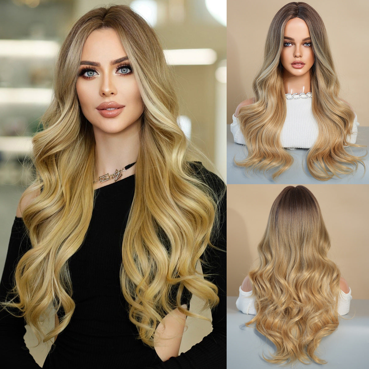 Diverse Styles Offered Women's Fashionable European & American Middle Part Ombre Long Curly Wig Set Big Waves Synthetic Wig for Daily Glamour & Fashionable Moments