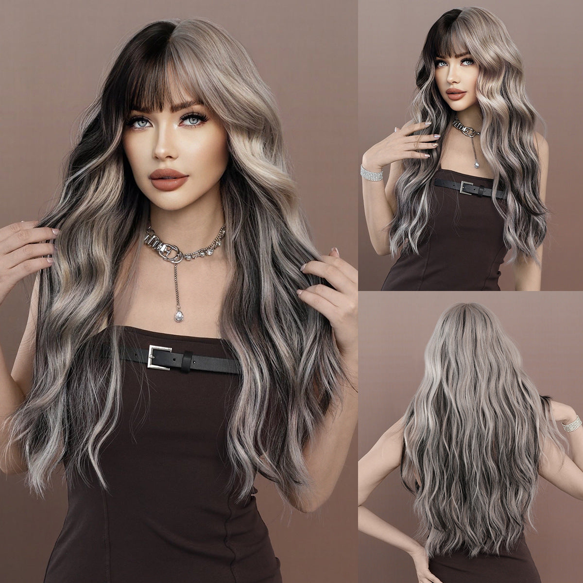 Long Wavy Silver Grey Black Highlight Wig 27in Natural Heat Resistant Fiber Synthetic Curly Light Grey Black Ombre Wigs with Bangs for Women Girls Daily Party Chrismas Travel Used