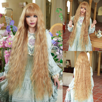 Extra Long Golden Fringe Curly Wigs for Role-playing and Lolita Style, Natural and Silky Synthetic Wigs for Girls