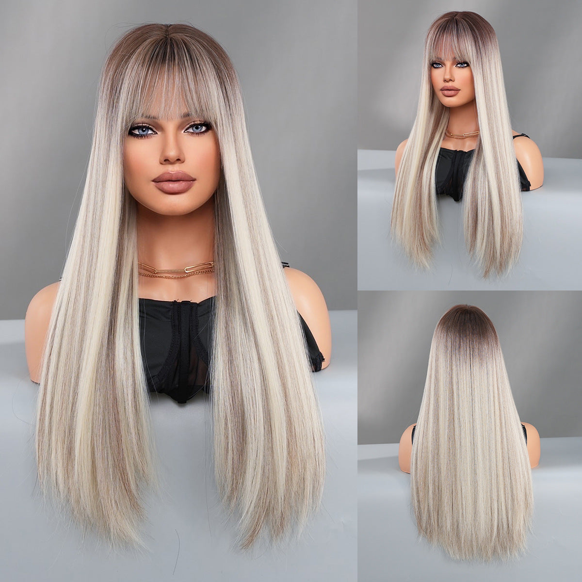 Women's Long Straight Wig with Multi-color Flaxen Brown Streaks Synthetic Fiber Wig for Daily and Fashionable Looks