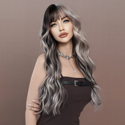 Long Wavy Silver Grey Black Highlight Wig 27in Natural Heat Resistant Fiber Synthetic Curly Light Grey Black Ombre Wigs with Bangs for Women Girls Daily Party Chrismas Travel Used