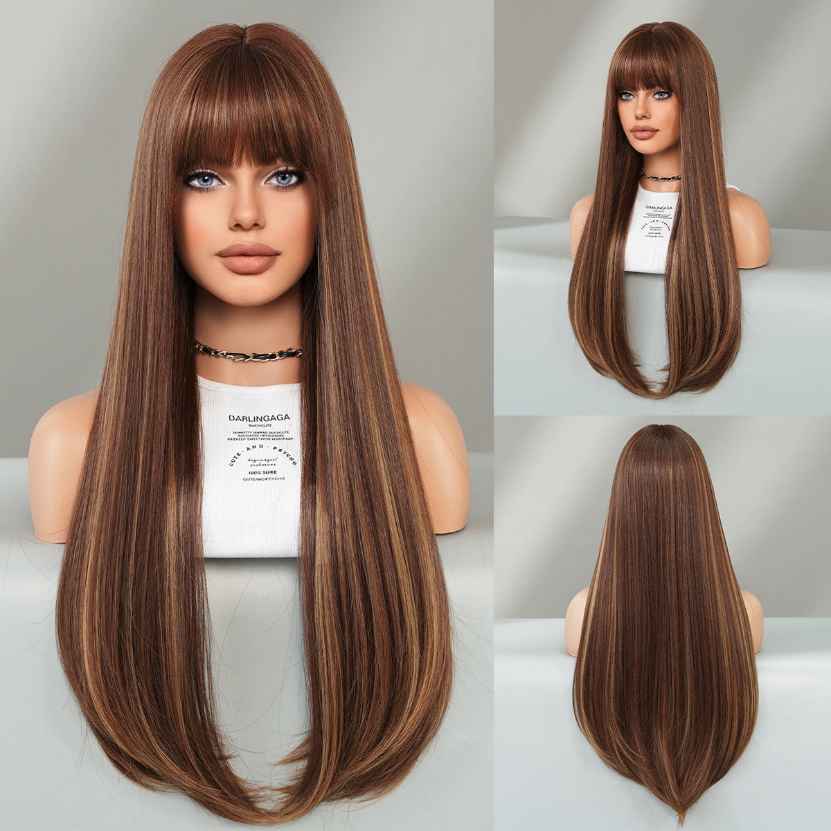 28 Inch Long Straight Mocha Brown Wigs with Blunt Bangs and Inner Curls Layered Full Wig for Women, Synthetic Hair Wig for Daily Party Use