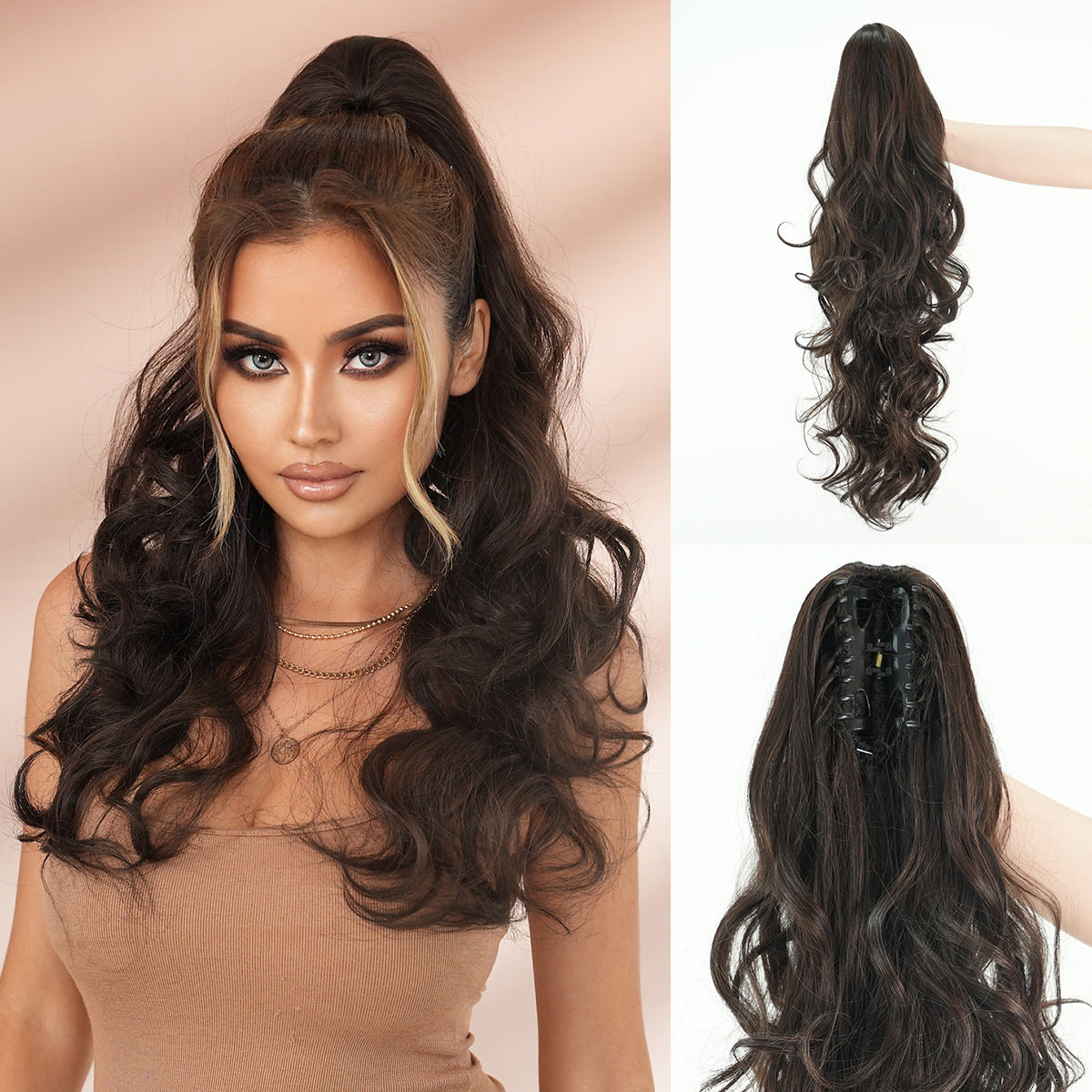 Black Brown Synthetic Fiber Long Curly Wavy Ponytail Wig with Clip, High Temperature Resistant Clip-on Ponytail for Women