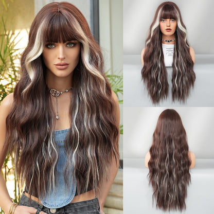 Long Wavy Silver Grey Black Highlight Wig 27in Natural Heat Resistant Fiber Synthetic Curly Light Grey Black Ombre Wigs with Bangs for Women Girls Daily Party Chrismas Travel Used