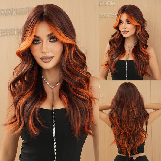 26 Inch Long Wigs with Side-swept Bangs Colorful Flame Orange Streaked Wigs for Women Long Curly Wavy Wig Synthetic Heat Resistant Wigs for Daily and Stylish Use