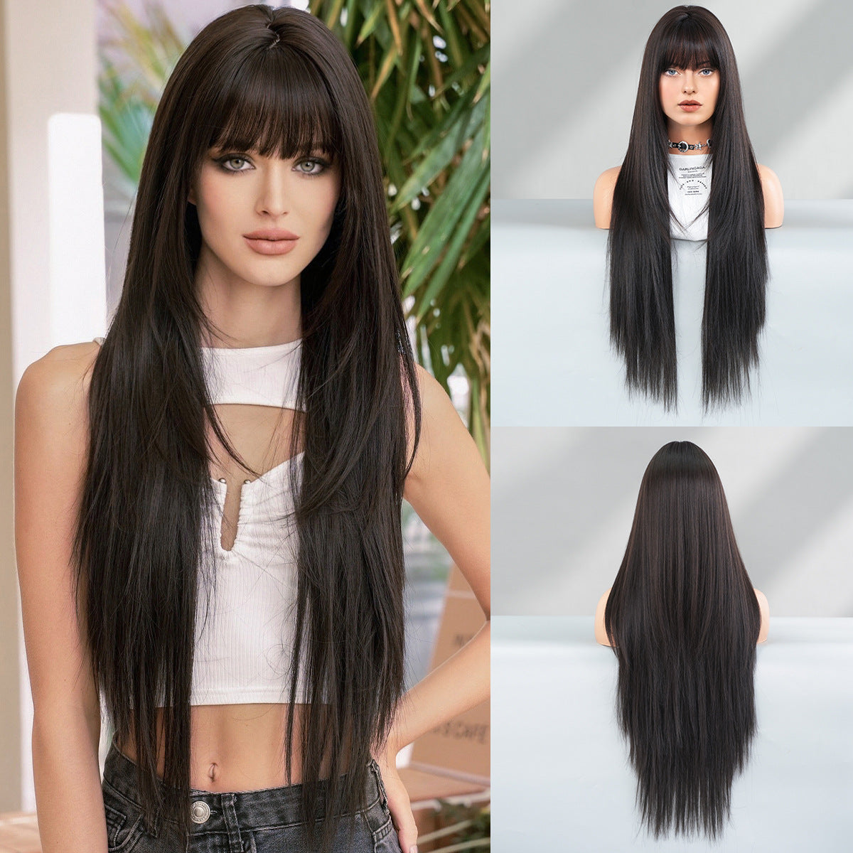 34 Inch Long Wigs with Bangs Black Wigs for Women Solid Black Highlight Wig Synthetic Straight Heat Resistant Wigs for Daily and Fashion Use