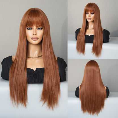 28 Inch Ginger Wigs for Women, Synthetic Long Straight Wigs with Caramel Brown Bangs, Full Wig for Daily Party Use