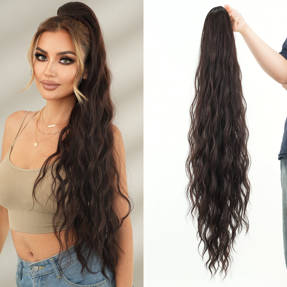 Long Curly Ponytail Wigs with Drawstring Net and Elastic Mesh, Fluffy Water Wave Ponytail Hair Extension for Women