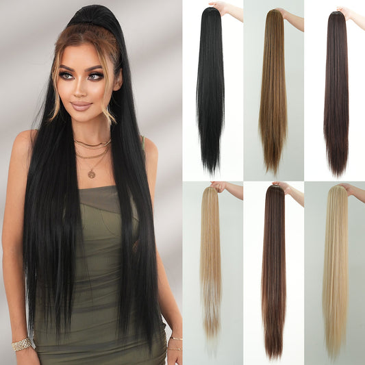 Extra Long Straight Ponytail Wigs with Drawstring Net and Elastic Mesh, Silky Hair Extension Ponytail for Women