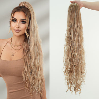 Long Curly Ponytail Wigs with Drawstring Net and Elastic Mesh, Fluffy Water Wave Ponytail Hair Extension for Women