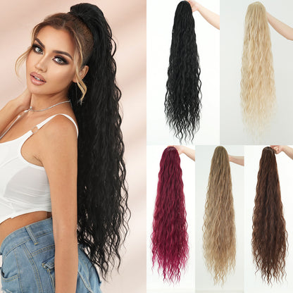 Long Curly Ponytail Wigs with Drawstring Net and Elastic Mesh, Fluffy Water Wave Ponytail Hair Extension for Women