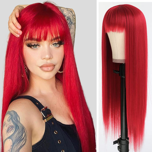 Red Color Long Silky Straight Wigs with Bangs Synthetic No Lace Wig for Fashion Women Heat Resistant Natural Looking Hair Wig for Party Cosplay