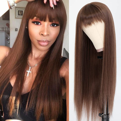 Red Color Long Silky Straight Wigs with Bangs Synthetic No Lace Wig for Fashion Women Heat Resistant Natural Looking Hair Wig for Party Cosplay