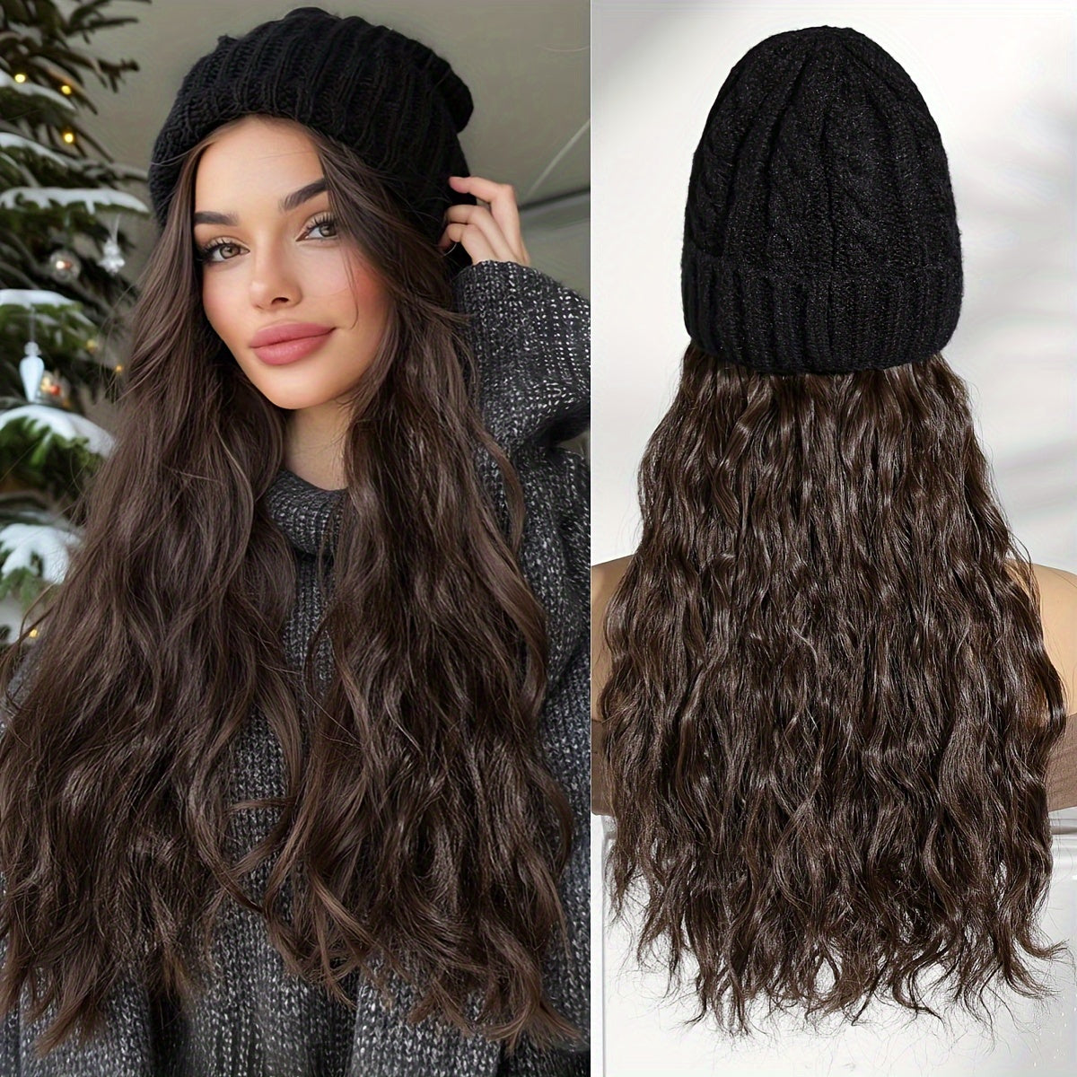 Women'S Long Wavy Curly Hair Topper with Faux Fur Pom Pom Beanie Hat for Winter Warmth and Style