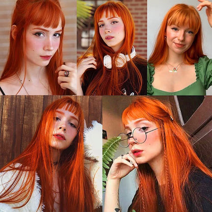 Red Color Long Silky Straight Wigs with Bangs Synthetic No Lace Wig for Fashion Women Heat Resistant Natural Looking Hair Wig for Party Cosplay