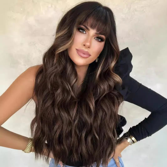 Brown Wig with Bangs for Women Long Wavy Hair Wig Brown Highlight Wig Curly Wavy Synthetic Wigs for Girls Daily Party Use