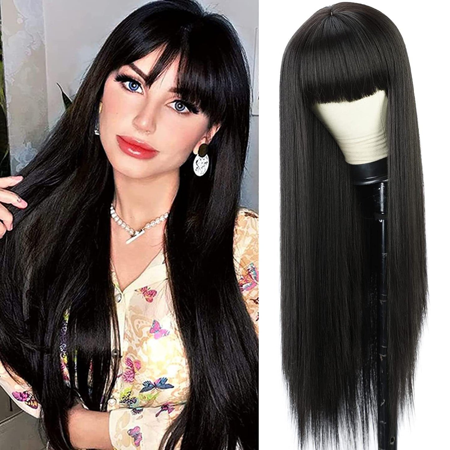 Red Color Long Silky Straight Wigs with Bangs Synthetic No Lace Wig for Fashion Women Heat Resistant Natural Looking Hair Wig for Party Cosplay