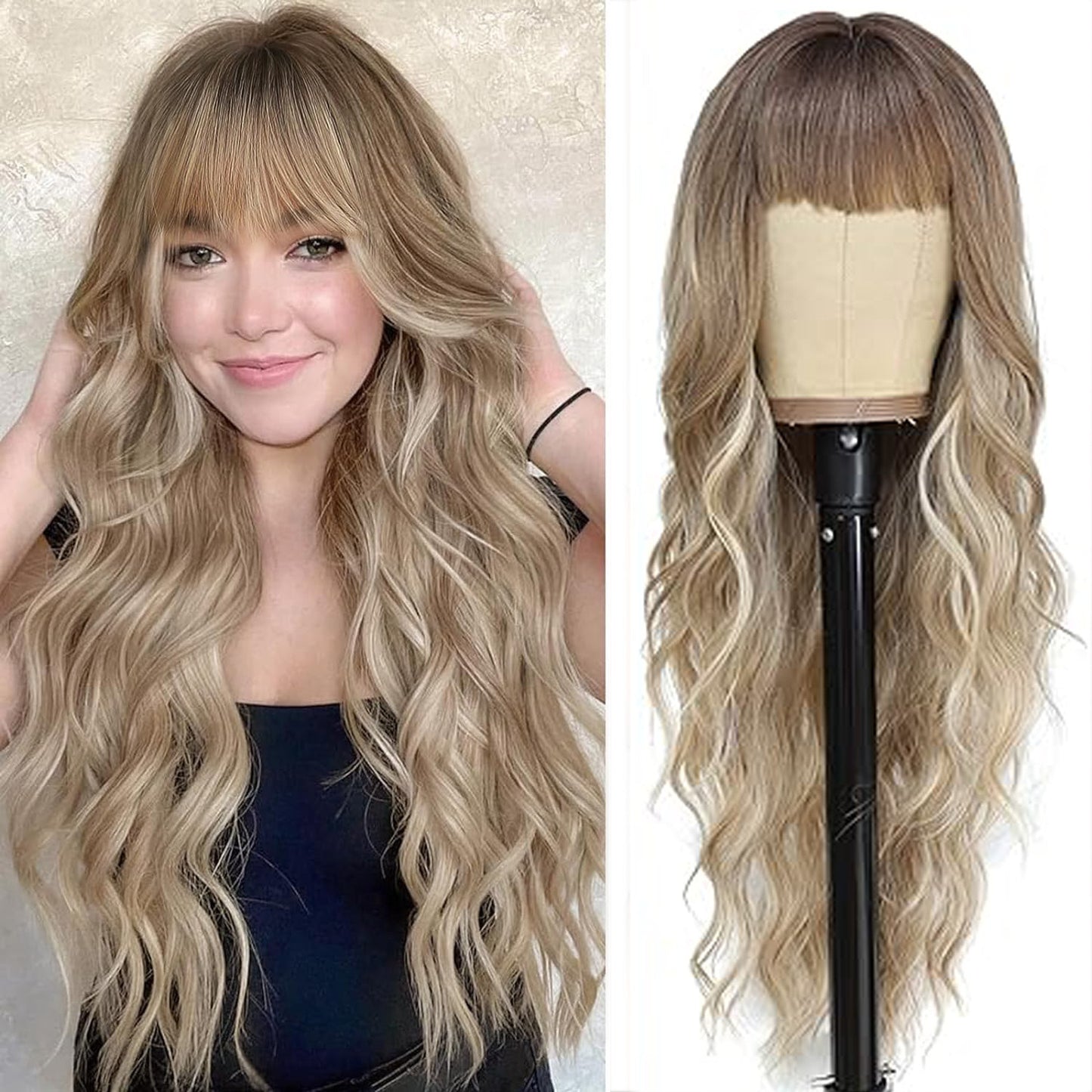 Blonde Wig With Bangs Long Wavy Curly Ombre Wig with Dark Root Synthetic Heat Resistant Wigs for Women Daily Party Use 26 Inches